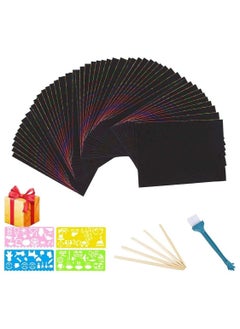 Y&D Scratch Art Paper Set for Kids 50 Sheets Rainbow Combo Kit, Black Craft with 5 Wooden Stylus and 4 Template Rulers 1 Brush  - Image 1