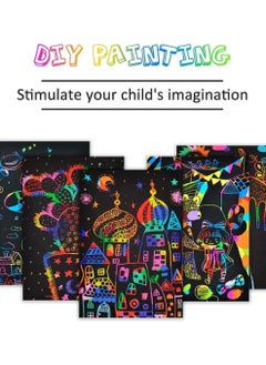 Y&D Scratch Art Paper Set for Kids 50 Sheets Rainbow Combo Kit, Black Craft with 5 Wooden Stylus and 4 Template Rulers 1 Brush  - Image 3