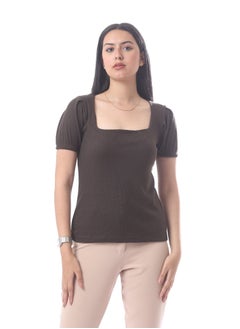 Andora Elegant Short Sleeves Ribbed Top With Square Neckline - Brown  - Image 2