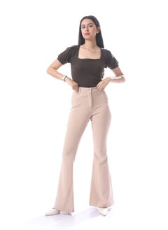 Andora Elegant Short Sleeves Ribbed Top With Square Neckline - Brown  - Image 1