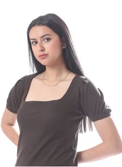Andora Elegant Short Sleeves Ribbed Top With Square Neckline - Brown  - Image 5