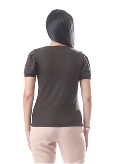 Andora Elegant Short Sleeves Ribbed Top With Square Neckline - Brown  - Image 4