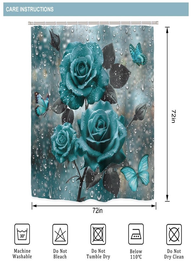 Riyidecor Teal Rose 4Pcs Bathroom Shower Curtain Sets Rain Butterfly Turquoise Floral Rindrop Bathroom Decor Set with Rugs and Accessories Modern Toilet Lid Rug, Contour and Bath Mat with 12 Hooks - Image 5