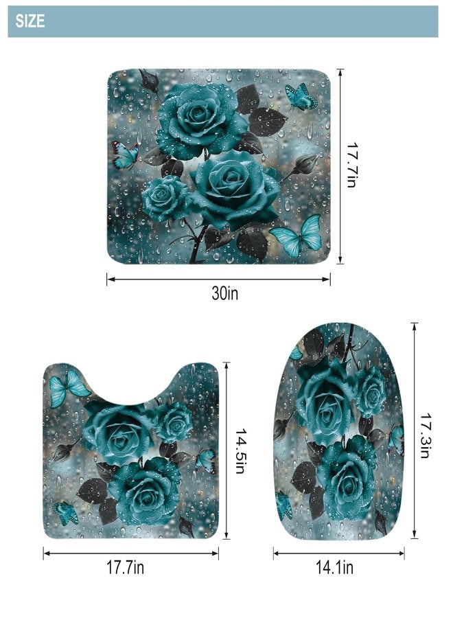 Riyidecor Teal Rose 4Pcs Bathroom Shower Curtain Sets Rain Butterfly Turquoise Floral Rindrop Bathroom Decor Set with Rugs and Accessories Modern Toilet Lid Rug, Contour and Bath Mat with 12 Hooks - Image 4