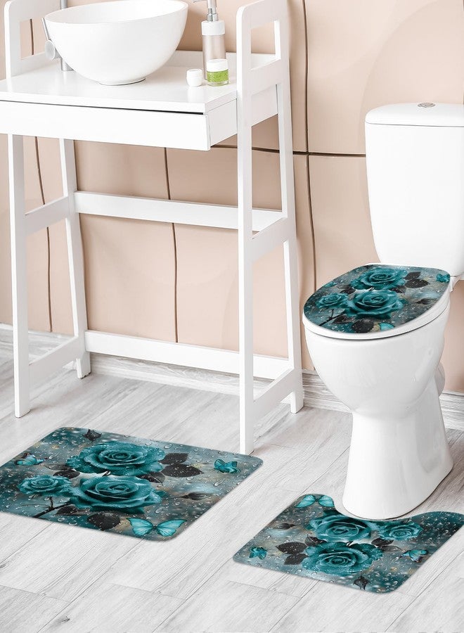 Riyidecor Teal Rose 4Pcs Bathroom Shower Curtain Sets Rain Butterfly Turquoise Floral Rindrop Bathroom Decor Set with Rugs and Accessories Modern Toilet Lid Rug, Contour and Bath Mat with 12 Hooks - Image 2