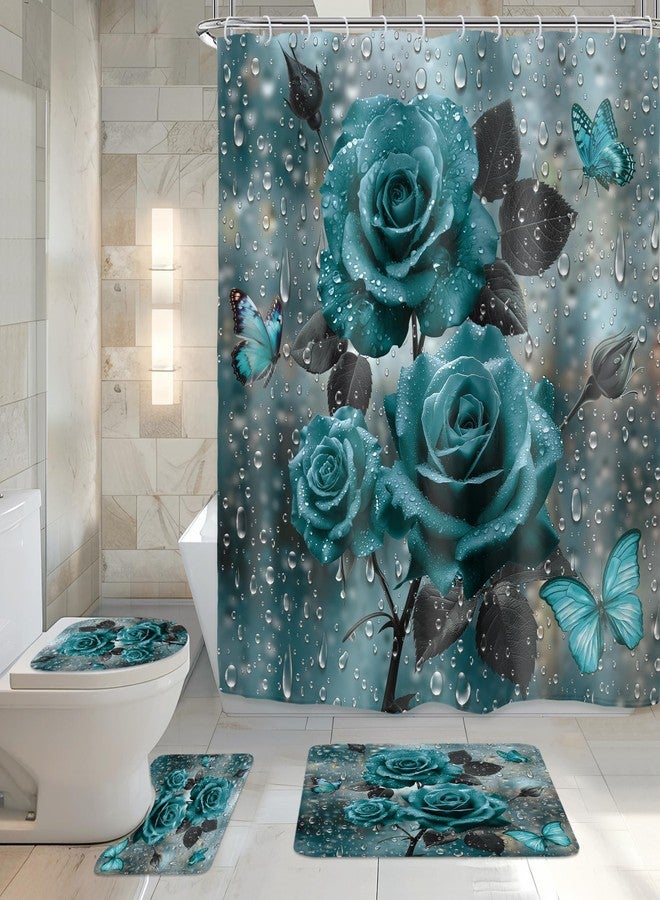 Riyidecor Teal Rose 4Pcs Bathroom Shower Curtain Sets Rain Butterfly Turquoise Floral Rindrop Bathroom Decor Set with Rugs and Accessories Modern Toilet Lid Rug, Contour and Bath Mat with 12 Hooks - Image 1