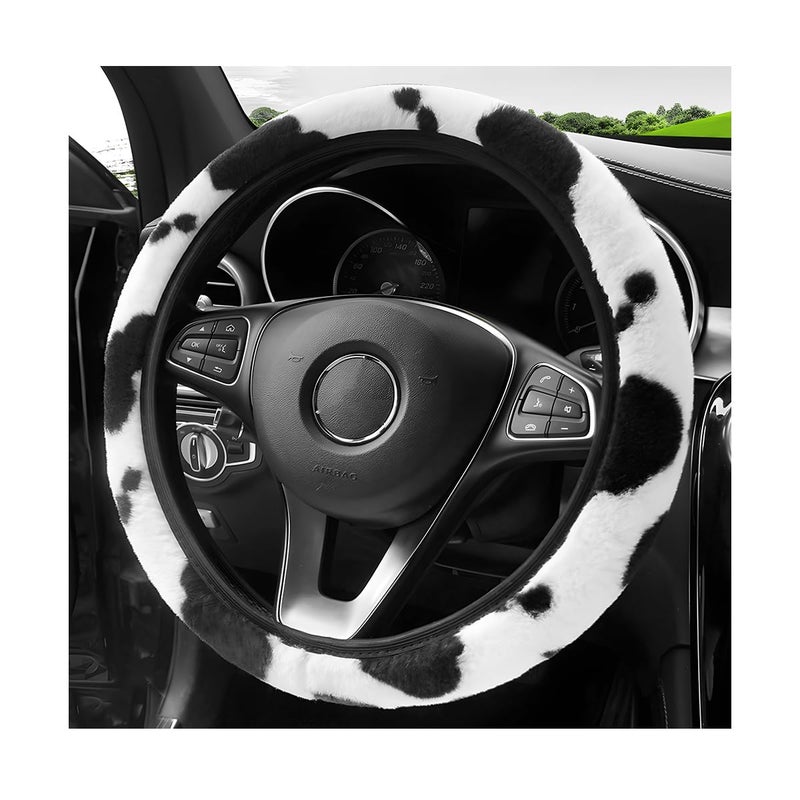 Gasedin Cow Print Car Accessories Set Soft Fluffy Plush Cute Cow Steering Wheel Cover Handbrake Cover Warm Furry Cow Print Armrest Mat Shift Gear Cover Car Accessories Steering Wheel Cover - Image 3