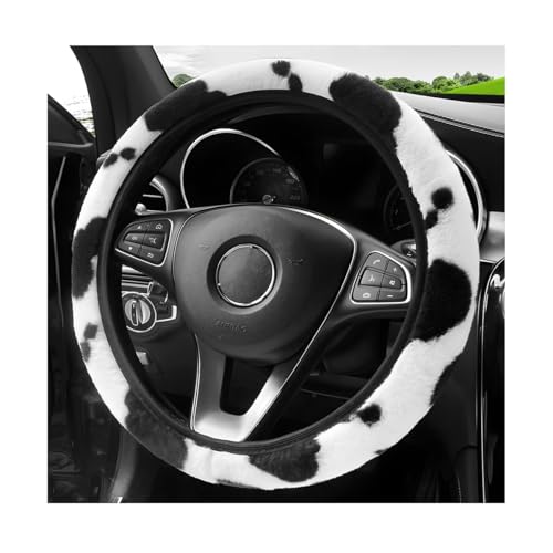 Gasedin Cow Print Car Accessories Set Soft Fluffy Plush Cute Cow Steering Wheel Cover Handbrake Cover Warm Furry Cow Print Armrest Mat Shift Gear Cover Car Accessories Steering Wheel Cover - Image 1