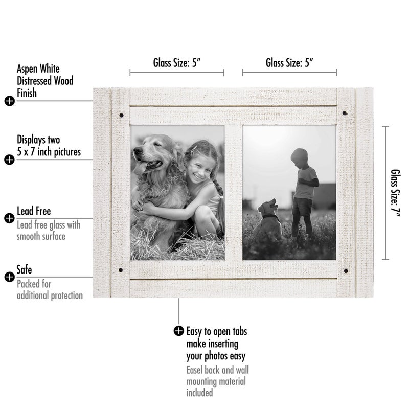Americanflat Hinged 5x7 Double Picture Frame with 2 Photo Openings and Polished Glass - Distressed Wood Collage Picture Frames for Tabletop and Wall Display - Hampton Collection - Aspen White - Image 2