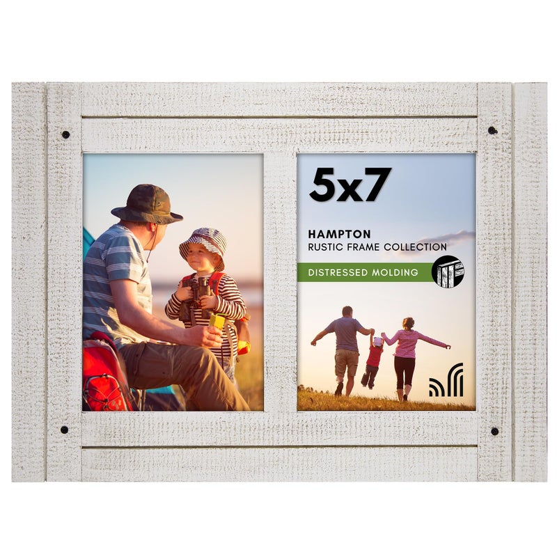 Americanflat Hinged 5x7 Double Picture Frame with 2 Photo Openings and Polished Glass - Distressed Wood Collage Picture Frames for Tabletop and Wall Display - Hampton Collection - Aspen White - Image 1