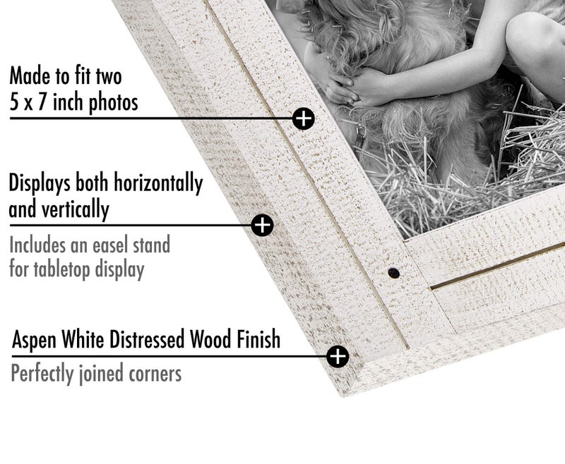 Americanflat Hinged 5x7 Double Picture Frame with 2 Photo Openings and Polished Glass - Distressed Wood Collage Picture Frames for Tabletop and Wall Display - Hampton Collection - Aspen White - Image 3