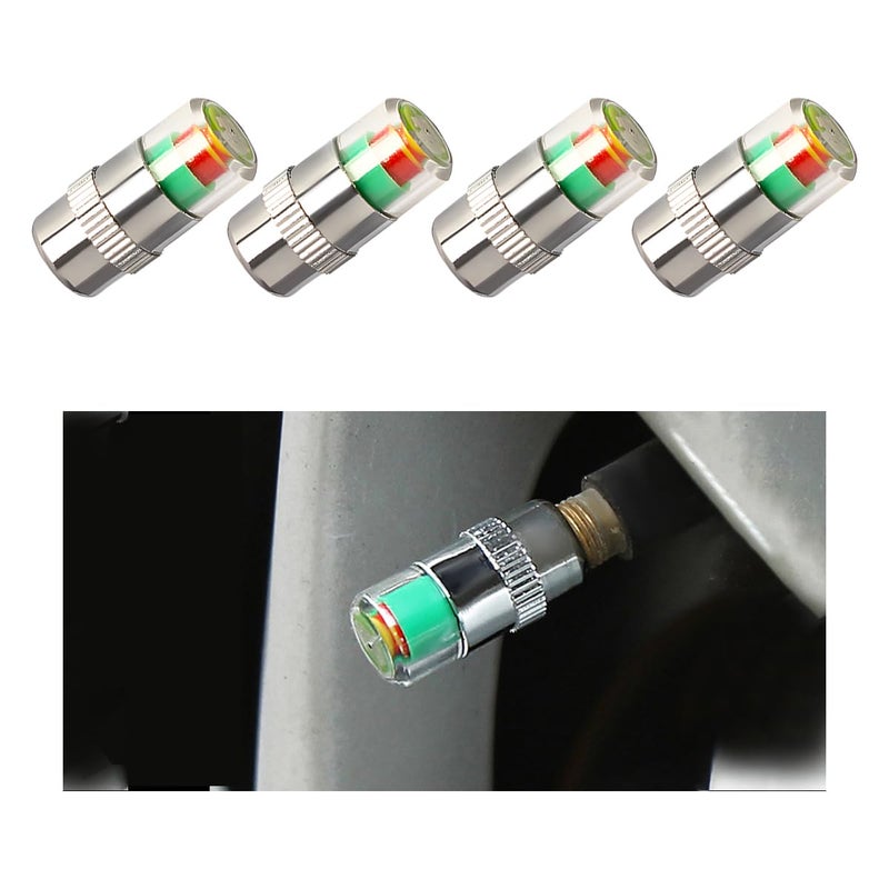Yourkar 4 PCS Tire Pressure Monitor Valve Stem Caps 24Bar 36PSI Car Tire Pressure Monitor Sensor Indicator with 3Color Eye Alert Universal Valve Stem Caps for Cars Silver