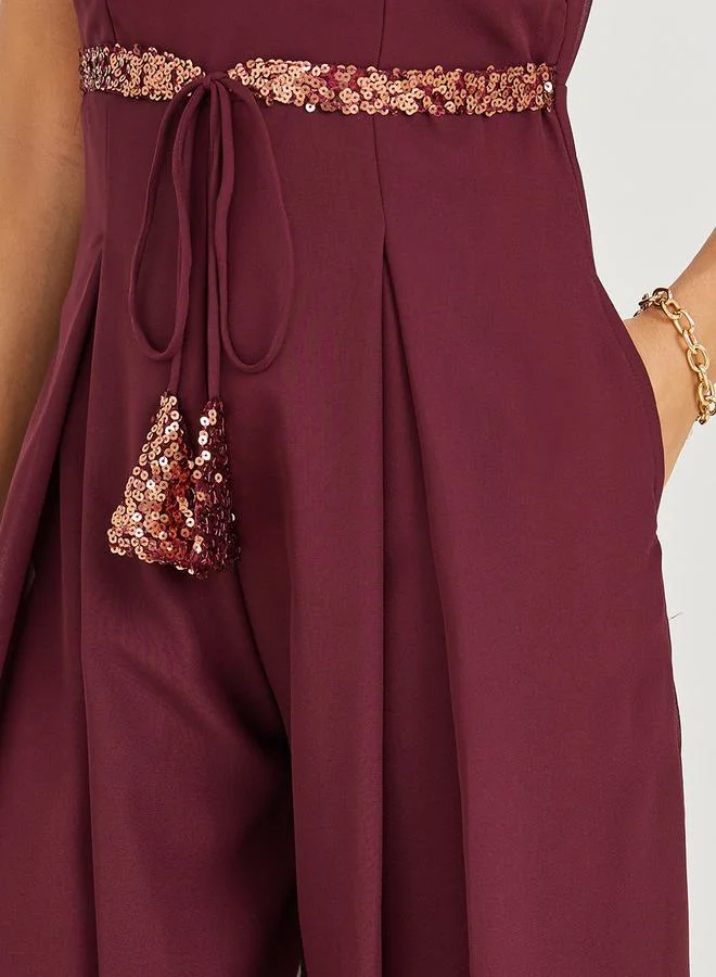 Styli Wide Leg Sequined Jumpsuit with Self Tie