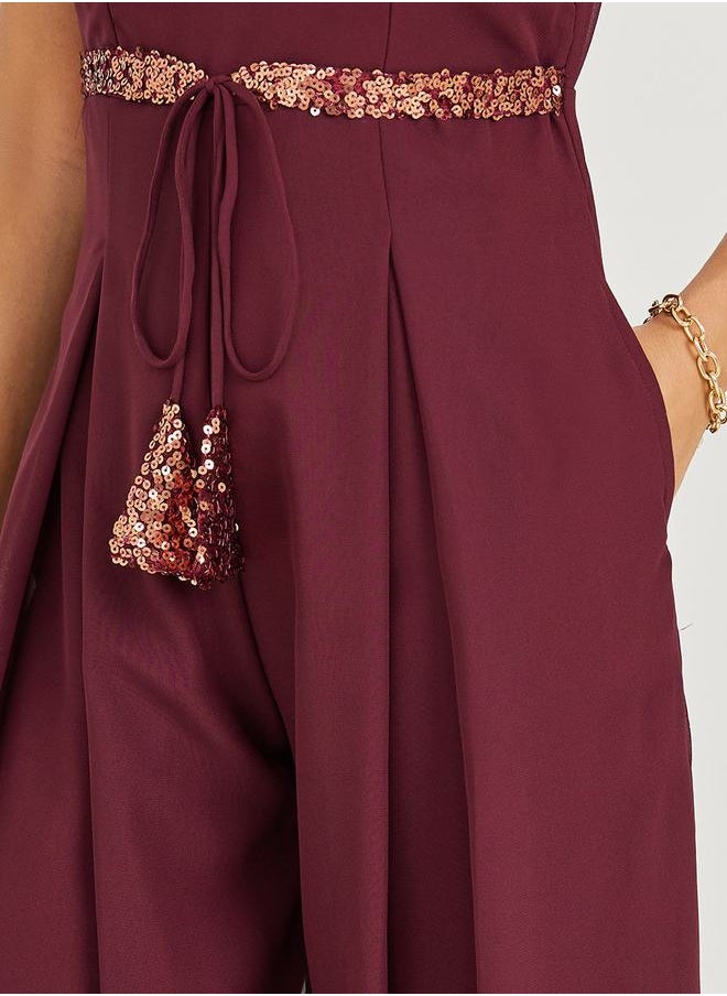 Styli - Wide Leg Sequined Jumpsuit with Self Tie - Image 1