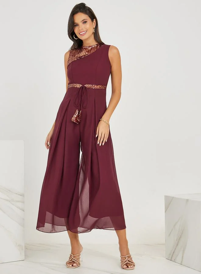 Styli Wide Leg Sequined Jumpsuit with Self Tie
