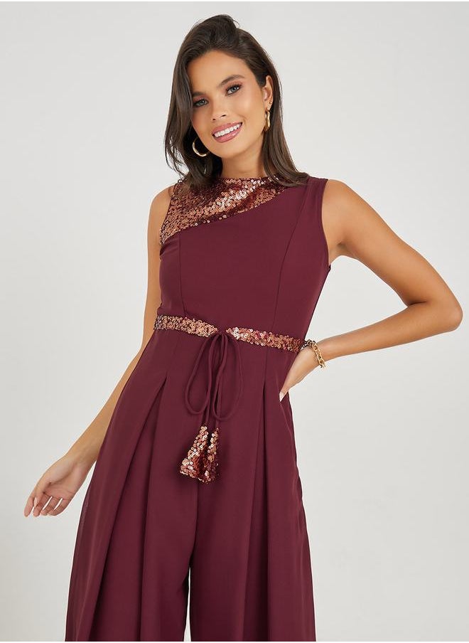 Styli - Wide Leg Sequined Jumpsuit with Self Tie - Image 1