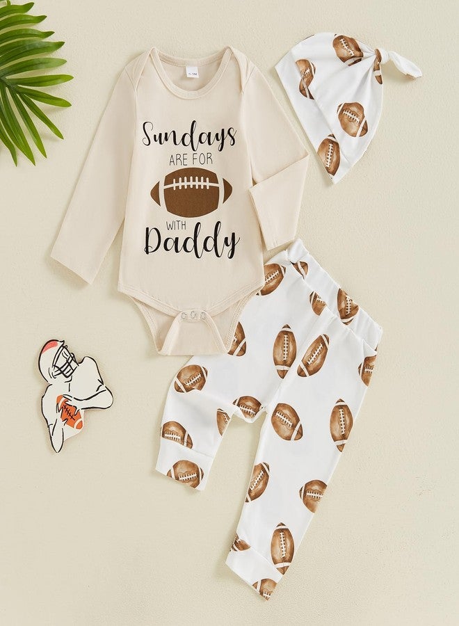 Karuedoo Newborn Baby Boy Football Outfit Sundays Are For Football with Daddy Long Sleeve Romper Football Pants Hat 3Pcs Sets (Apricot, 6-12 Months) - Image 2