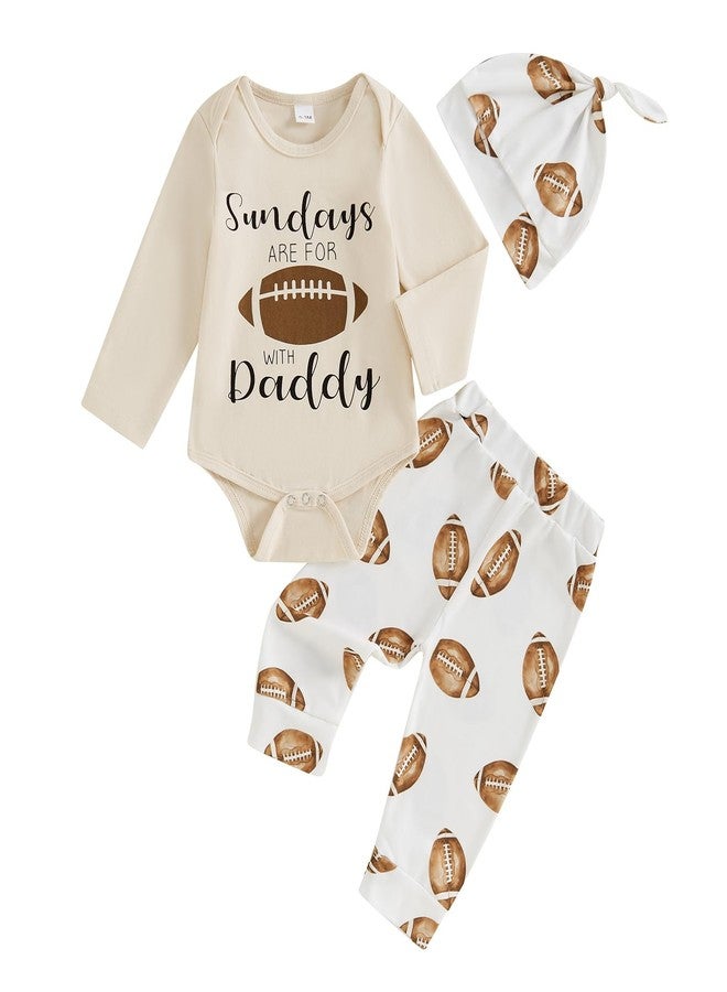 Karuedoo Newborn Baby Boy Football Outfit Sundays Are For Football with Daddy Long Sleeve Romper Football Pants Hat 3Pcs Sets (Apricot, 6-12 Months) - Image 1