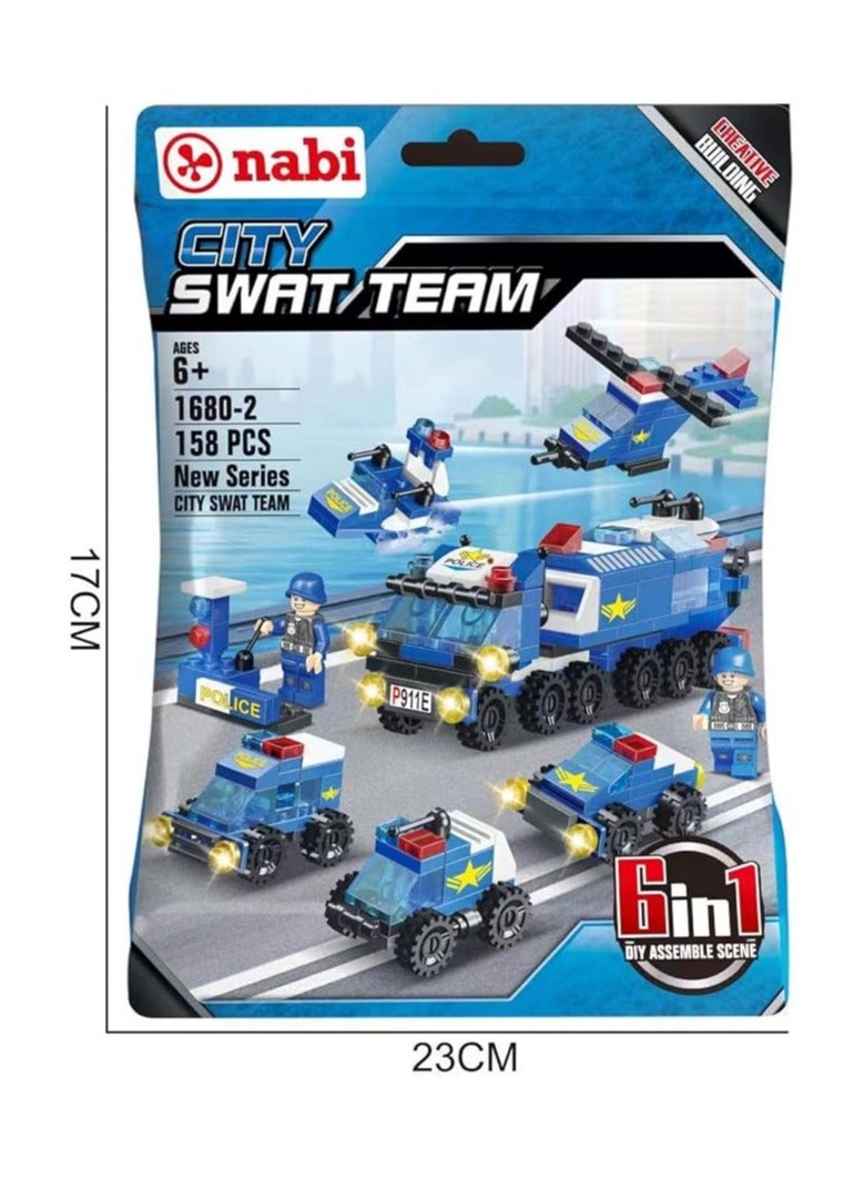جودي لعبة سيارة شرطة فريق المدينة سوات 6 في 1، 158 قطعة، مكعبات بناء صغيرة حديثة، مناسبة للأطفال من سن 6 سنوات فما فوق، ألعاب إبداعية (فريق المدينة سوات) - Image 3