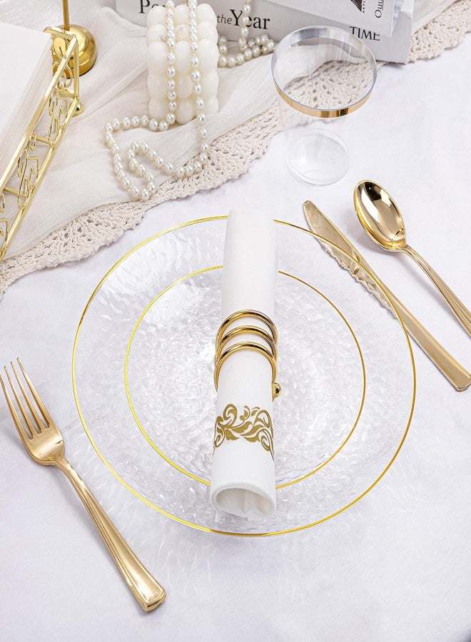 Rubtlamp 175 Pcs Plastic Dinnerware Set (25 Guests, Clear And Gold Plastic Plates, Hammered Party Plates Include Dinner Platos, Dessert Platos, Cups, Gold Cutlery Set And Napkins for Party - Image 2