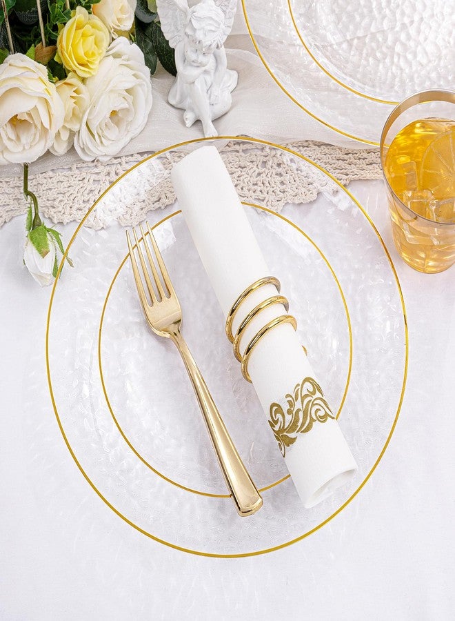 Rubtlamp 175 Pcs Plastic Dinnerware Set (25 Guests, Clear And Gold Plastic Plates, Hammered Party Plates Include Dinner Platos, Dessert Platos, Cups, Gold Cutlery Set And Napkins for Party - Image 3