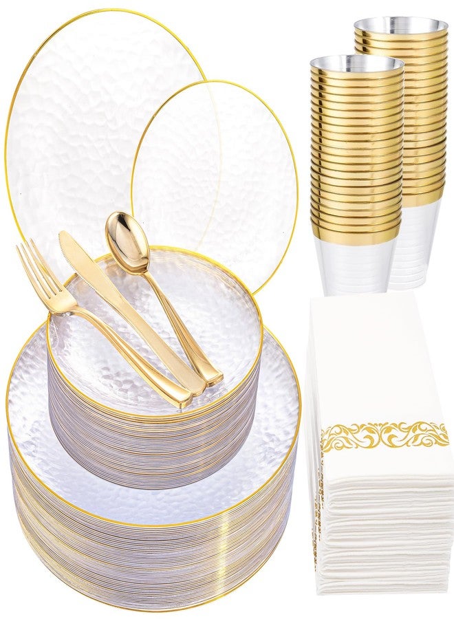 Rubtlamp 175 Pcs Plastic Dinnerware Set (25 Guests, Clear And Gold Plastic Plates, Hammered Party Plates Include Dinner Platos, Dessert Platos, Cups, Gold Cutlery Set And Napkins for Party - Image 1