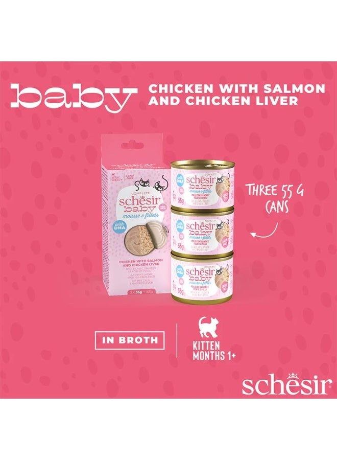 Schesir Baby Mousse & Fillets- Chicken with Salmon And Chicken Liver 3 Cans x 55g - Image 2