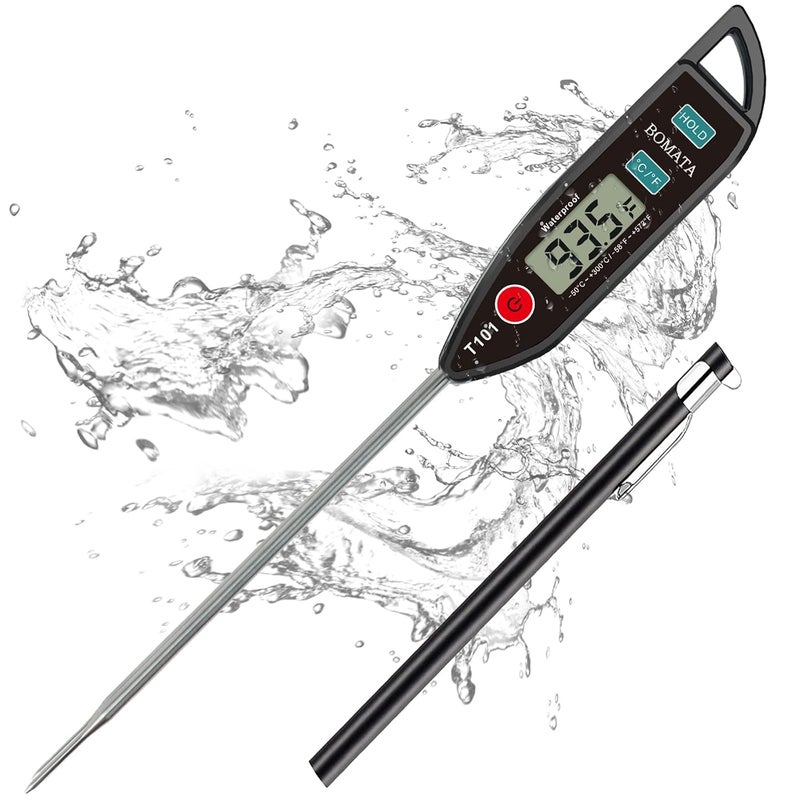 BOMATA Digital Water Thermometer for Liquid, Meat, Cooking, IPX7 Waterproof - Instant Read Food Thermometer with 5in Long Probe for Candle, Water, Meat, BBQ! T101 (Black) - Image 1
