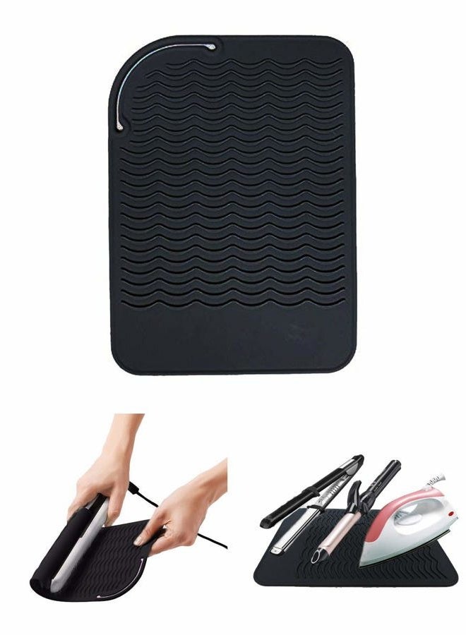 AFT90 Heat Resistant Silicone Glove and Mat Set for Curling Iron, Hair Straightener, Flat Irons - 9" x 6.5" Food Grade Silicone Mat, Black - Image 2