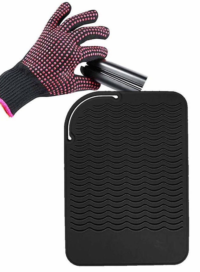 AFT90 Heat Resistant Silicone Glove and Mat Set for Curling Iron, Hair Straightener, Flat Irons - 9" x 6.5" Food Grade Silicone Mat, Black - Image 1