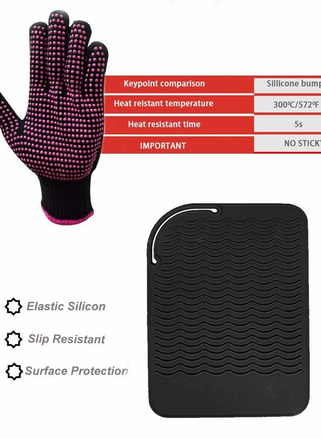AFT90 Heat Resistant Silicone Glove and Mat Set for Curling Iron, Hair Straightener, Flat Irons - 9" x 6.5" Food Grade Silicone Mat, Black - Image 4