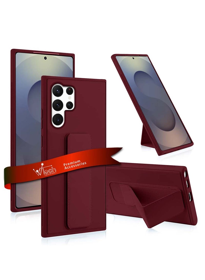 دبليو تيك Samsung Galaxy S25 Ultra 2025 قبضة يدوية قابلة للطي مسند مغناطيسي حزام معصم قبضة إصبع مع غطاء هيكل حديدي مدمج - كستنائي - Image 1