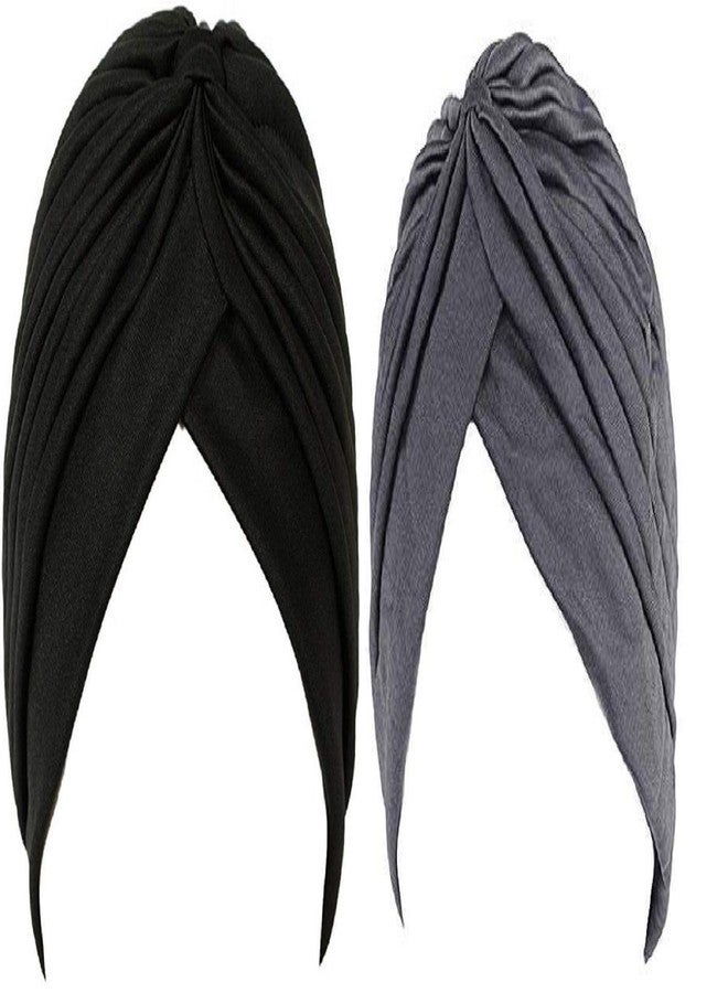 BISMAADH 2 Pcs Men & Women Pleated Head Wrap Knit Bonnet Turban/Pleated Stretchable Polyester Pagri Head Cover/Sun Cap (Black & Dark Grey) - Image 1