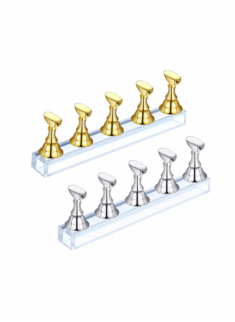 KASTWAVE 2 Sets Acrylic Nail Display Stand Nail Tip Practice Stand Magnetic Nail Practice Holder Fingernail DIY Nail Art Stand for False Nail Tip Manicure Tool DIY Display Stands (Gold and Silver)  - Image 1