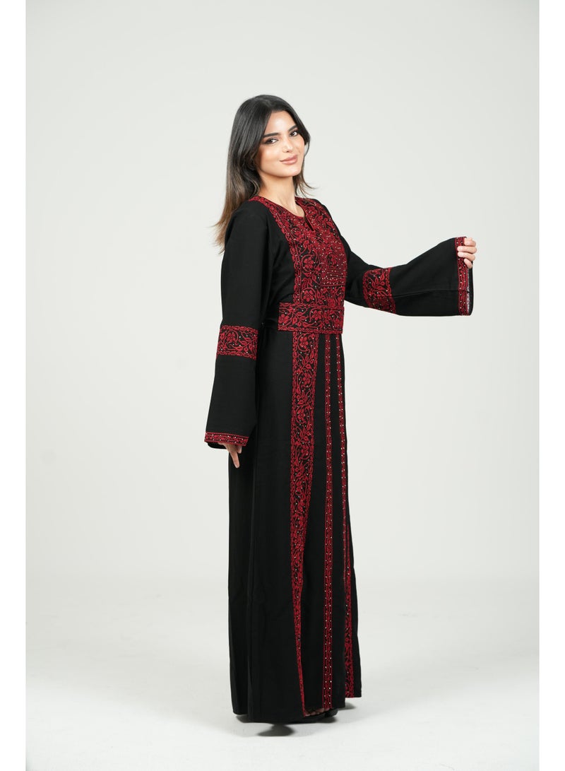 AL BENT AL SHARQIEH black women kaftan dress with red embroidered and belt - Image 2