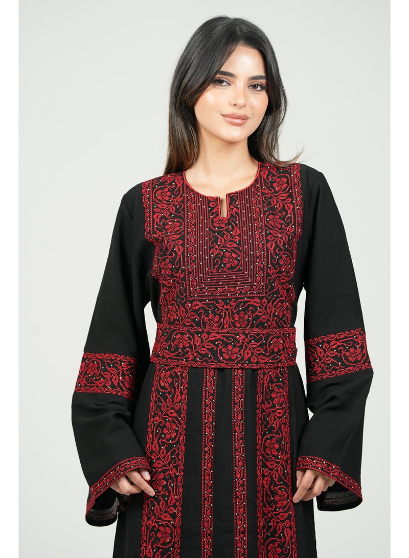 AL BENT AL SHARQIEH black women kaftan dress with red embroidered and belt - Image 3