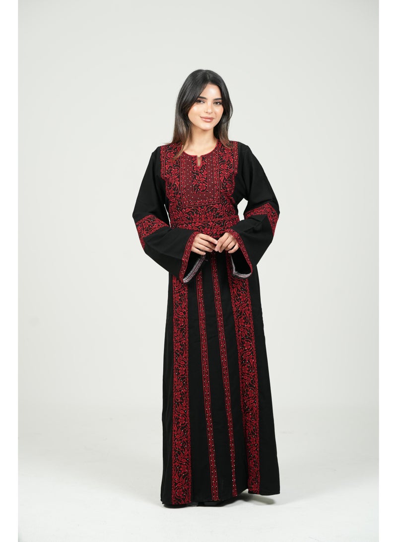 AL BENT AL SHARQIEH black women kaftan dress with red embroidered and belt - Image 1