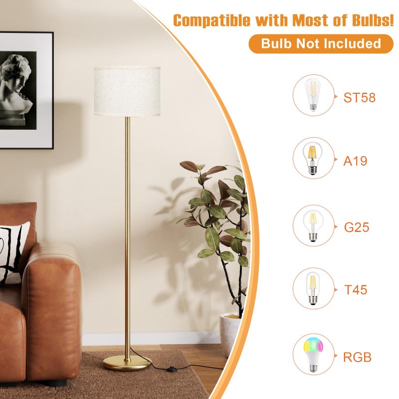 Ambimall 60'' Modern Floor Lamp with Shade, Tall Lamps for Living Room, Bedroom, Office, Dining Room, Beige Shade with Gold Pole(Without Bulb) - Image 3