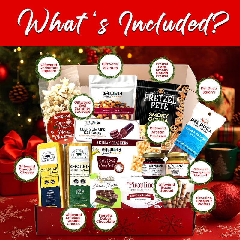 Christmas Gift Basket, Meat and Cheese Gift Baskets for Men and Women - Delicious Condiments with Dubai Chocolate, Charcuterie Food Gift Basket, Christmas Food Gifts in Christmas Gift Box (12-item Bundle) - Image 3