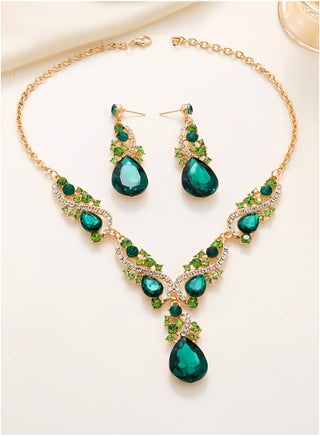 Elegant Green Emerald Water Drop Necklace Round Pendant Necklace Clavicle Chain with A pair of Green Earrings for Women Jewelry Wedding Gift