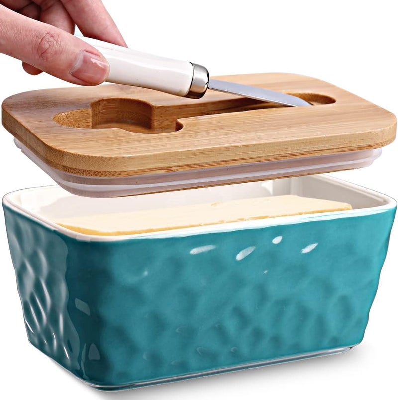 wtisan Butter Dish with Lid: Large Butter Dish for Countertop - Ceramic Butter Container with Knife Double Silicone Seal - Unique Stone Butter Dishes with Covers for Farmhouse Kitchen Decor Home Decor Green - Image 1