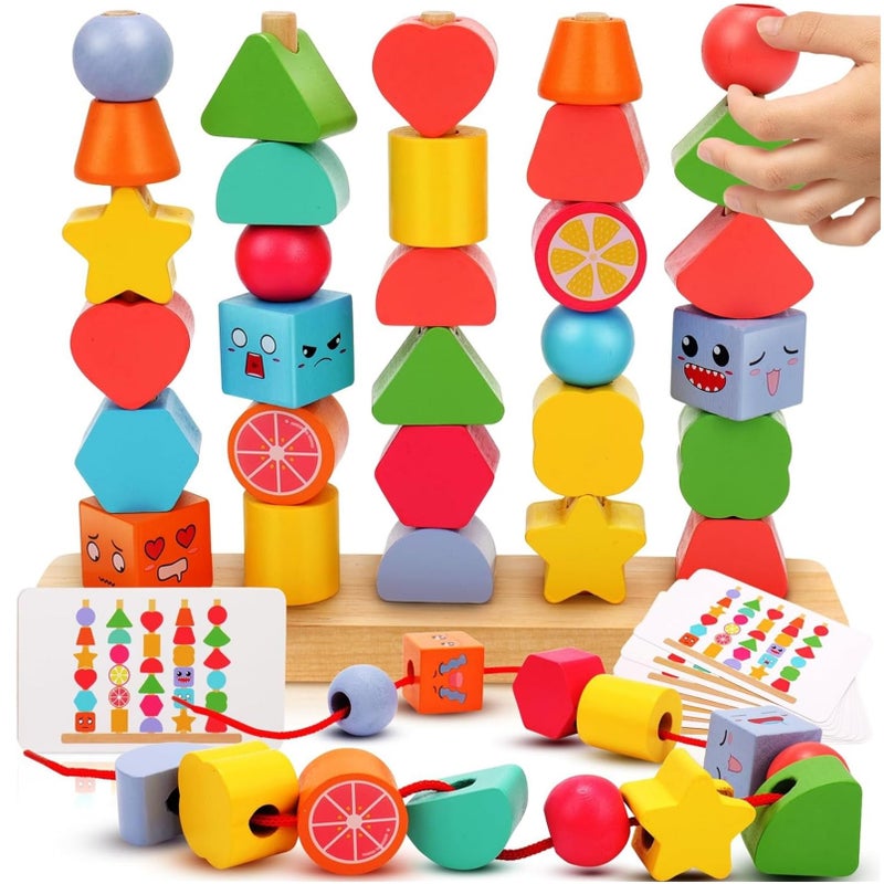 Montessori Toys for 2 3 4 Year Old Kid Boy Girl Toddler, Montessori Wooden Beads Sequencing Toy Set,Lacing Beads & Matching Shape Colors Stacking Toy, STEM Preschool Toys Birthday Gift (1)