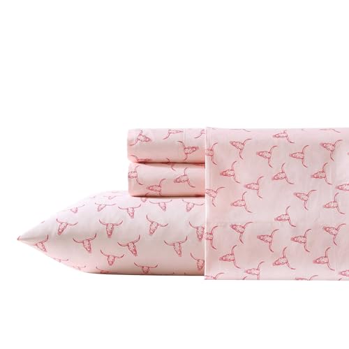 Wrangler Queen Size Sheet Set UltraSoft WrinkleResistant Bedding for Year Round Comfort Deep Pockets Bed Sheets with Matching Fitted Sheet Pillowcases Steer Skulls Pink - Image 1