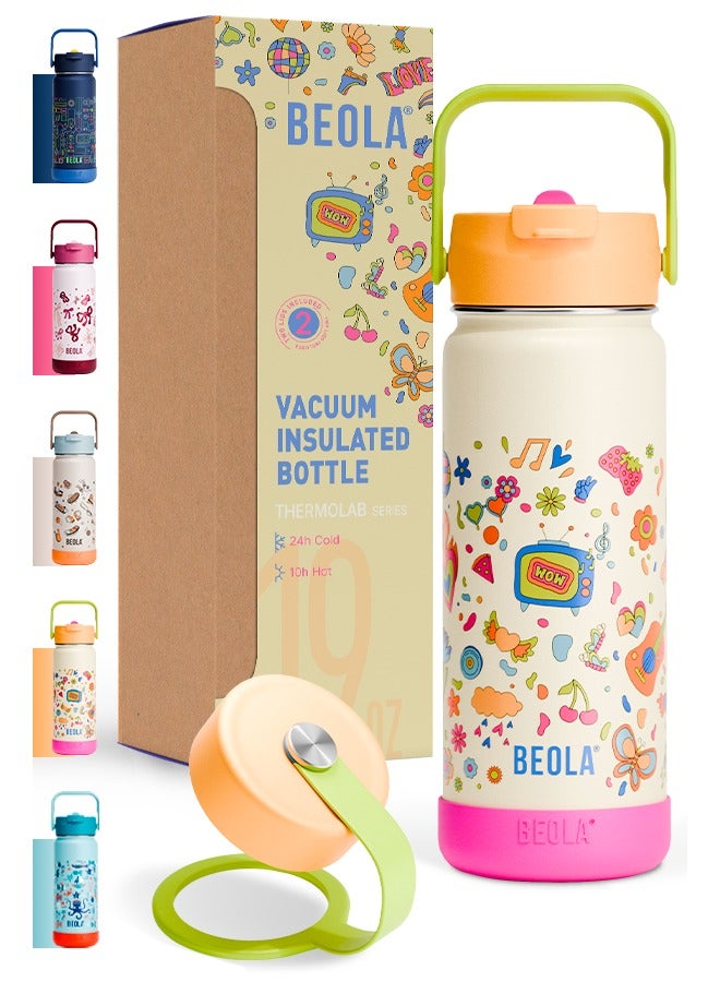 بيولا زجاجة ماء للأطفال BEOLA سعة 550 مل (19 أونصة) من الفولاذ المقاوم للصدأ 18/8 مع جدار مزدوج معزول، زجاجة ترمس مع غطاء مع شفاطة وفم واسع، للسوائل الساخنة والباردة، زجاجة رياضية ومدرسية (فلاش النيون) - Image 1