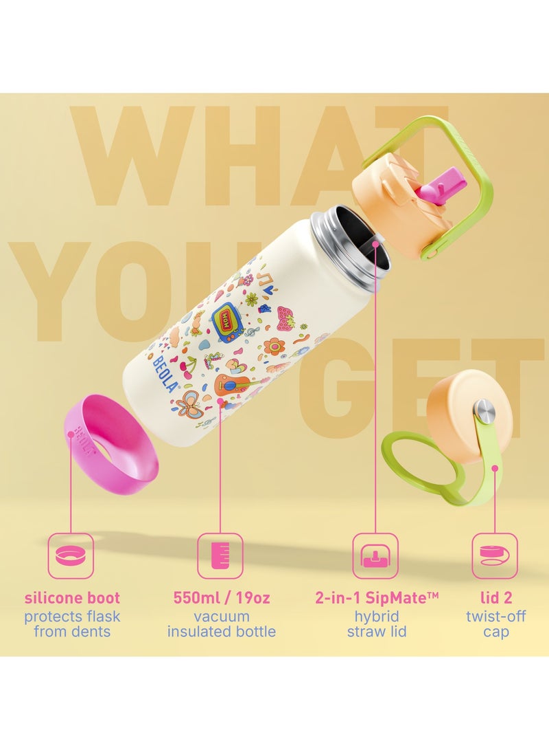 بيولا زجاجة ماء للأطفال BEOLA سعة 550 مل (19 أونصة) من الفولاذ المقاوم للصدأ 18/8 مع جدار مزدوج معزول، زجاجة ترمس مع غطاء مع شفاطة وفم واسع، للسوائل الساخنة والباردة، زجاجة رياضية ومدرسية (فلاش النيون) - Image 2