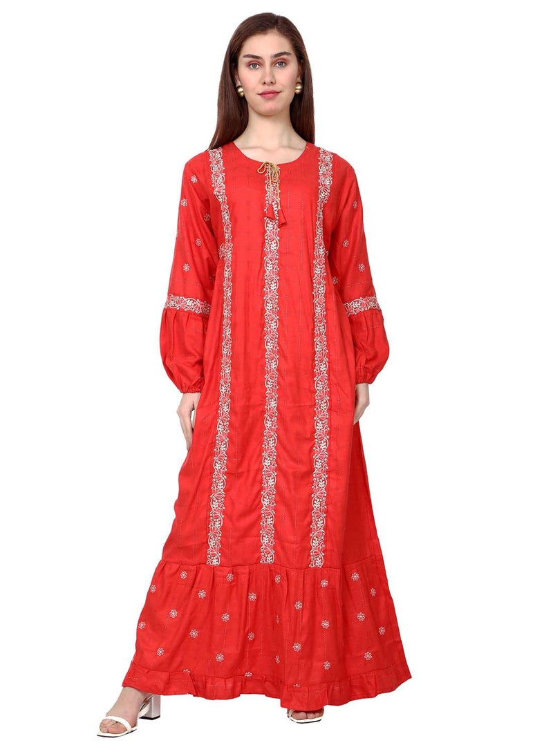 HANA & SARA STYLISH ELEGANT EMBROIDERY WORK WITH FRONT NECK TIE LONG ARABIC KAFTAN JALABIYA DRESS - Image 1