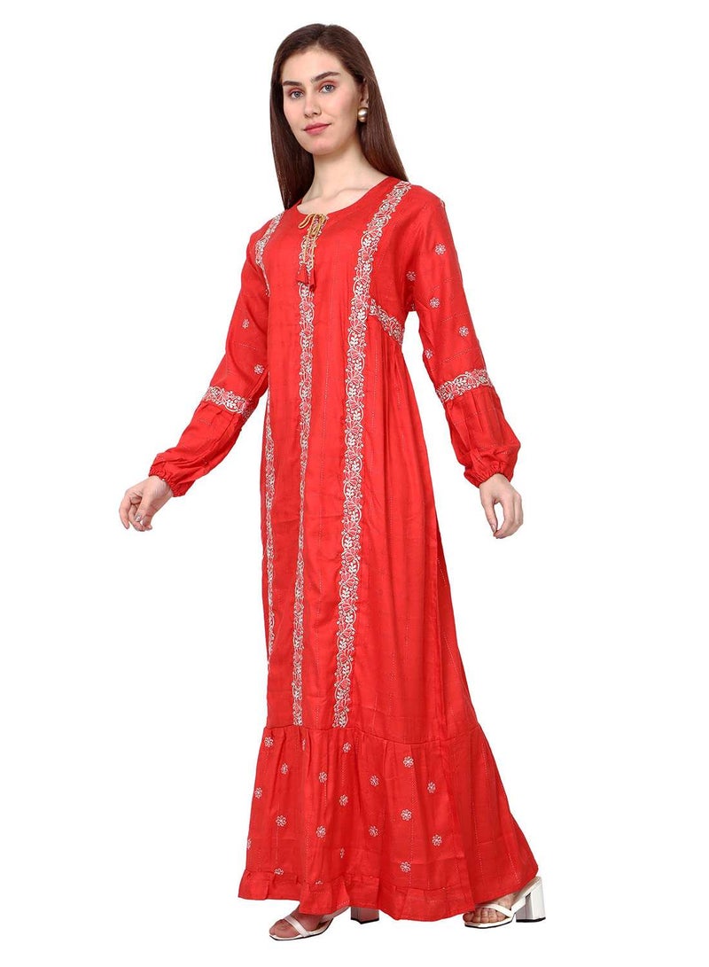 HANA & SARA STYLISH ELEGANT EMBROIDERY WORK WITH FRONT NECK TIE LONG ARABIC KAFTAN JALABIYA DRESS - Image 4