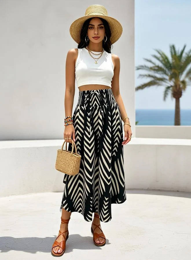 تايك تو Black and White Chevron Print High Waist Midi Skirt
