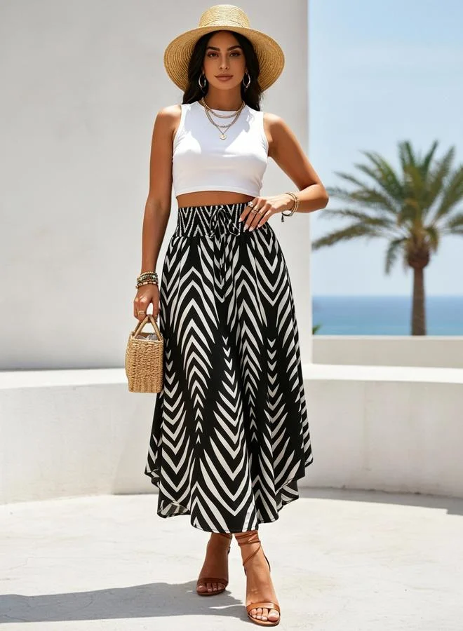 تايك تو Black and White Chevron Print High Waist Midi Skirt