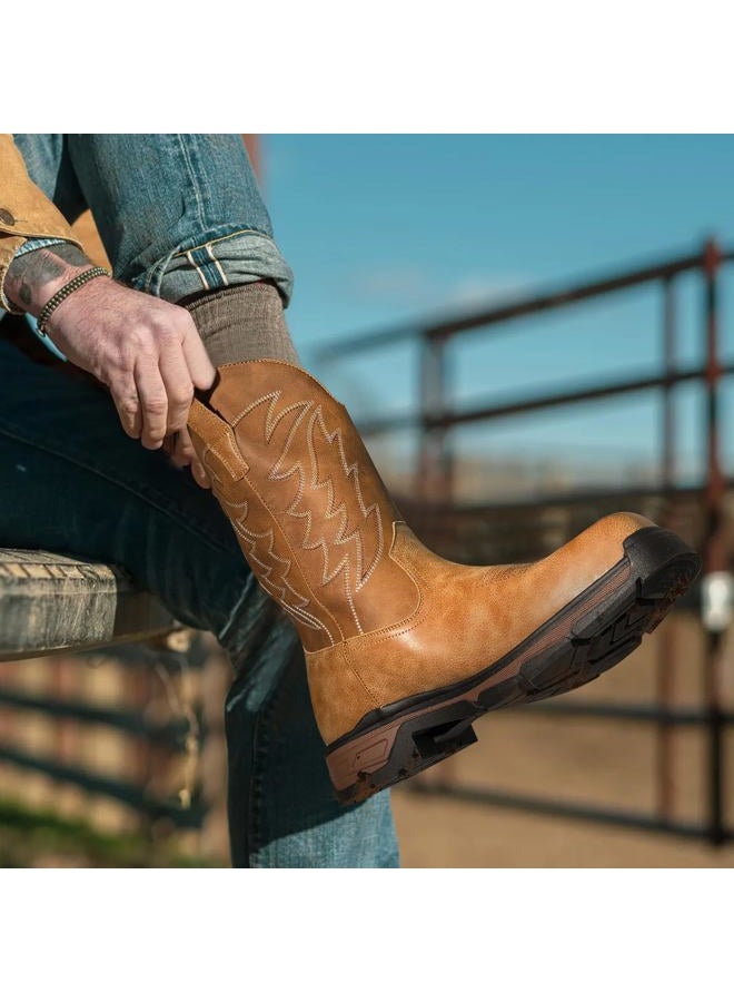 ANGRYRAM Cowboy Work Boots for Men Square Toe Leather Western Boot Slip Resistant Indestructable Steel Toe Safety Boots for Men Work-Man Pro Series, Light Brown, 11 - Image 2